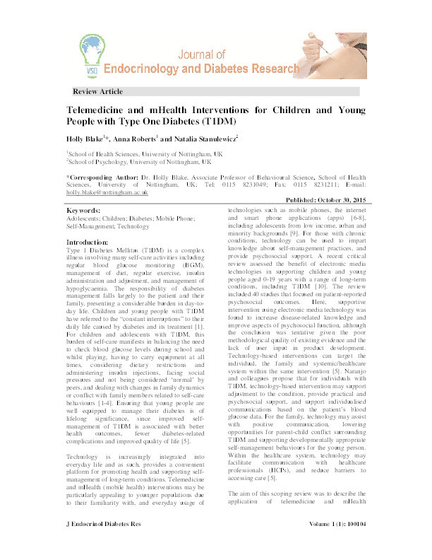 Telemedicine and mHealth interventions for children and young people with type one diabetes (T1DM) Thumbnail