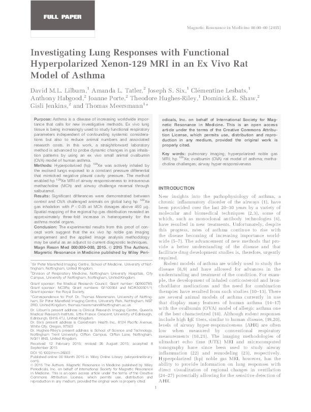 Investigating lung responses with functional hyperpolarized xenon-129 MRI in an ex vivo rat model of asthma Thumbnail