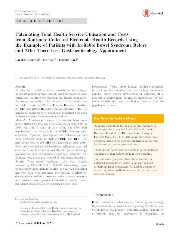 Calculating total health service utilisation and costs from routinely collected electronic health records using the example of patients with irritable bowel syndrome before and after their first gastroenterology appointment Thumbnail