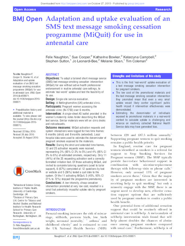 The adaptation and uptake evaluation of an SMS text message smoking cessation programme (MiQuit) for use in antenatal care Thumbnail