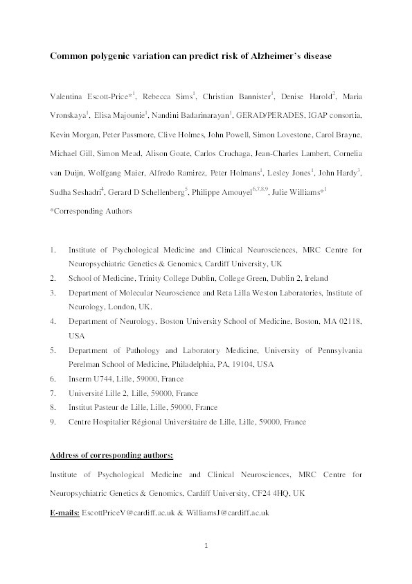 Common polygenic variation can predict risk of Alzheimer’s disease Thumbnail