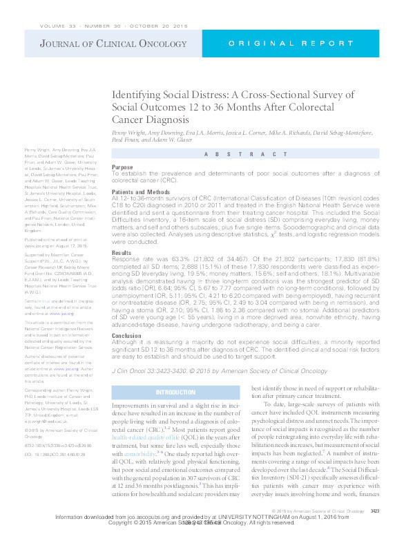Identifying social distress: a cross-sectional survey of social outcomes 12 to 36 months after colorectal cancer diagnosis Thumbnail