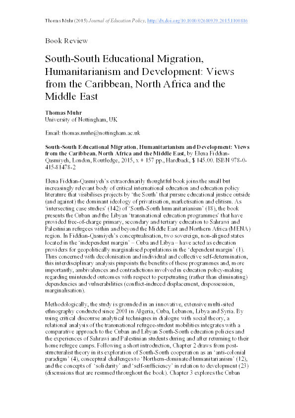 South-South educational migration, humanitarianism and development: views from the Caribbean, North Africa and the Middle East (Book Review) Thumbnail