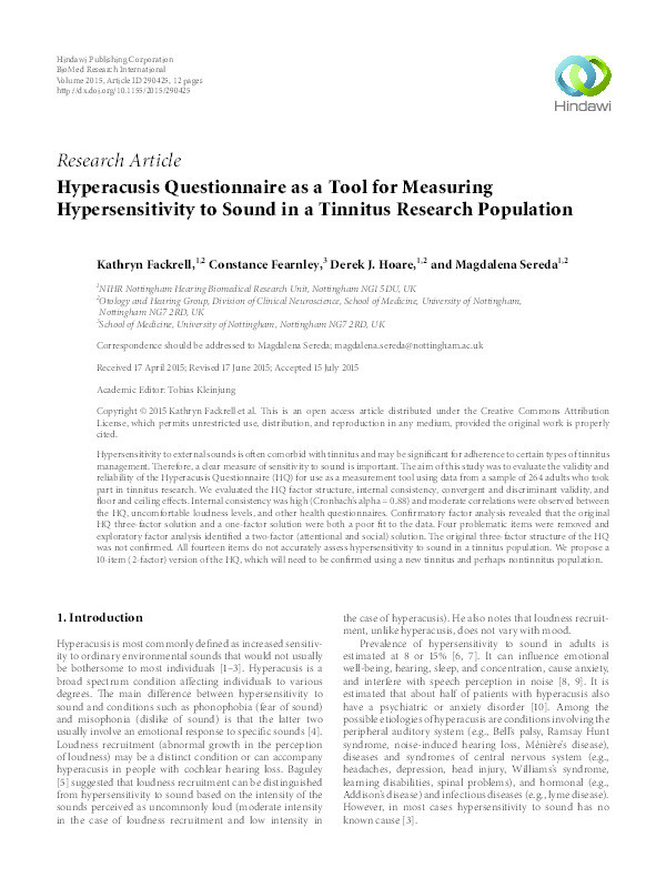 Hyperacusis Questionnaire as a Tool for Measuring Hypersensitivity to Sound in a Tinnitus Research Population Thumbnail