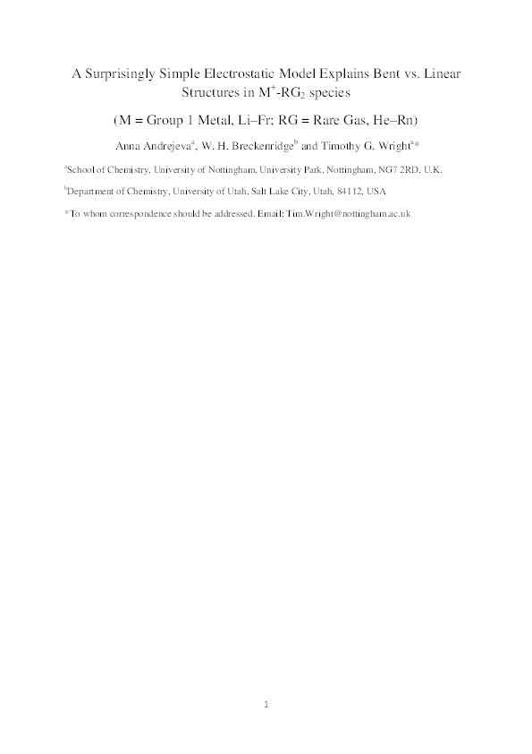 A surprisingly simple electrostatic model explains bent vs. linear structures in M+-RG2 species (M = group 1 metal, Li–Fr; RG = rare gas, He–Rn) Thumbnail