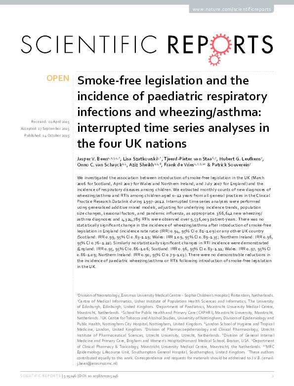 Smoke-free legislation and the incidence of paediatric respiratory infections and wheezing/asthma: interrupted time series analyses in the four UK nations Thumbnail