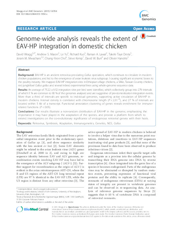 Genome-wide analysis reveals the extent of EAV-HP integration in domestic chicken Thumbnail