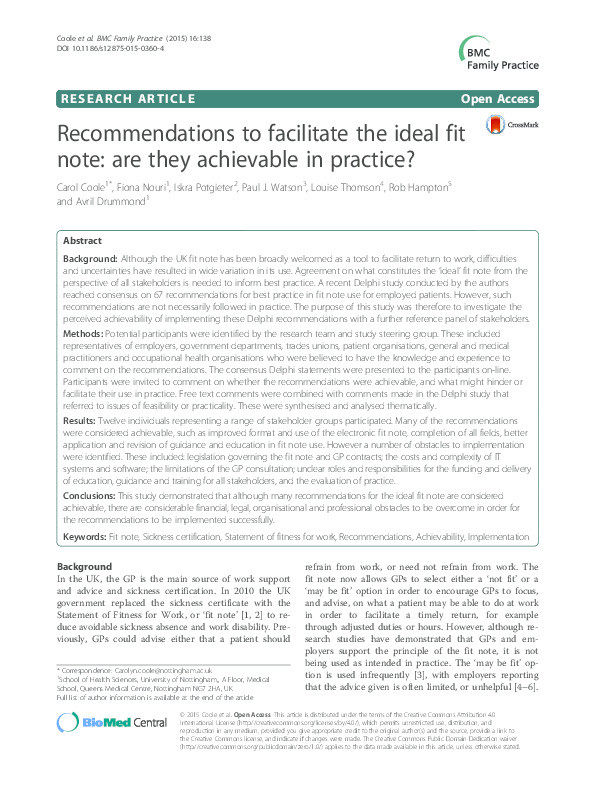 Recommendations to facilitate the ideal fit note: are they achievable in practice? Thumbnail