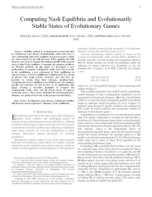 Computing Nash Equilibria and Evolutionarily Stable States of Evolutionary Games Thumbnail