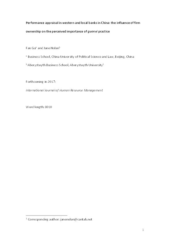 Performance appraisal in Western and local banks in China: the influence of firm ownership on the perceived importance of guanxi Thumbnail