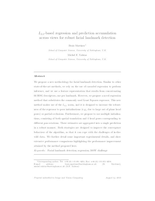 L 2, 1-based regression and prediction accumulation across views for robust facial landmark detection Thumbnail