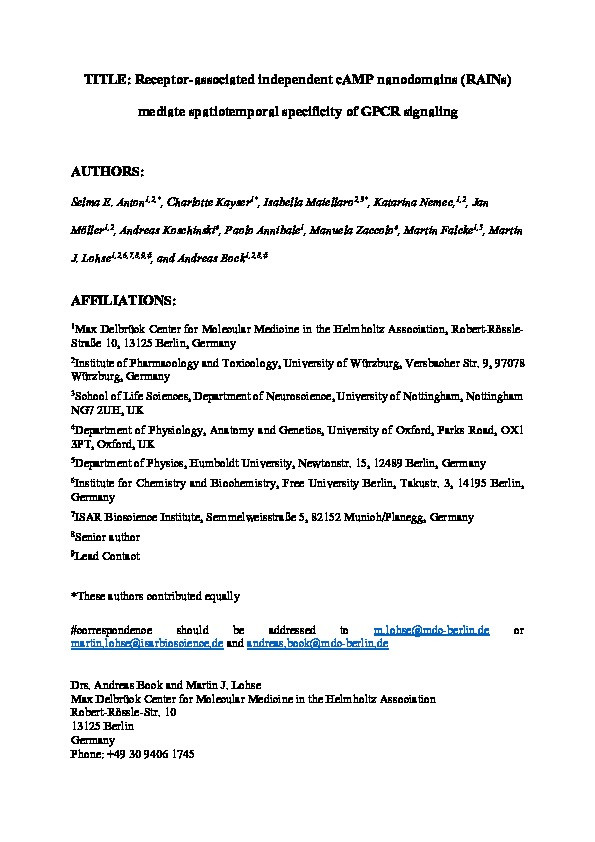Receptor-associated independent cAMP nanodomains mediate spatiotemporal specificity of GPCR signaling Thumbnail