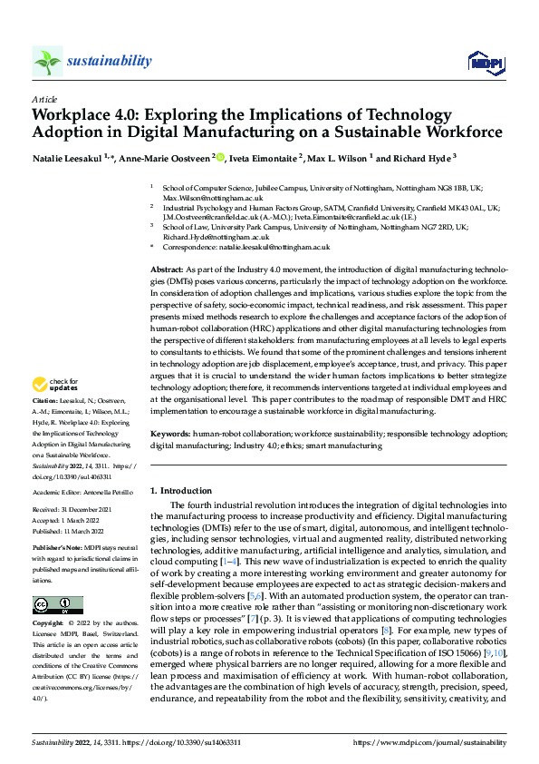 Workplace 4.0: Exploring the Implications of Technology Adoption in Digital Manufacturing on a Sustainable Workforce Thumbnail