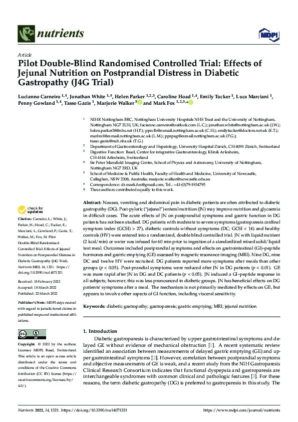 Pilot Double-Blind Randomised Controlled Trial: Effects of Jejunal Nutrition on Postprandial Distress in Diabetic Gastropathy (J4G Trial) Thumbnail