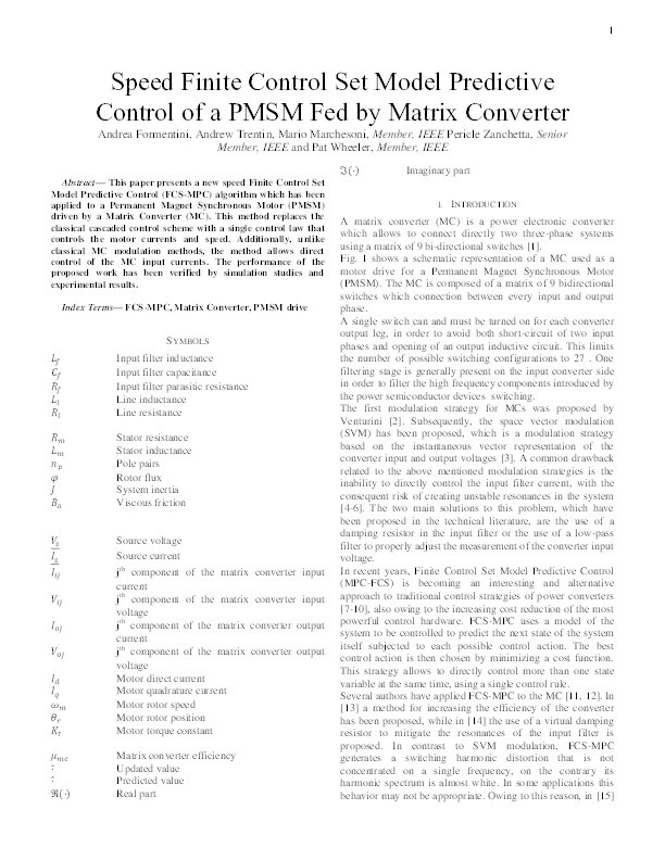 Speed Finite Control Set Model Predictive Control of a PMSM fed by Matrix Converter Thumbnail