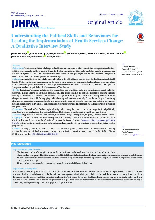 Understanding the Political Skills and Behaviours for Leading the Implementation of Health Services Change: A Qualitative Interview Study Thumbnail