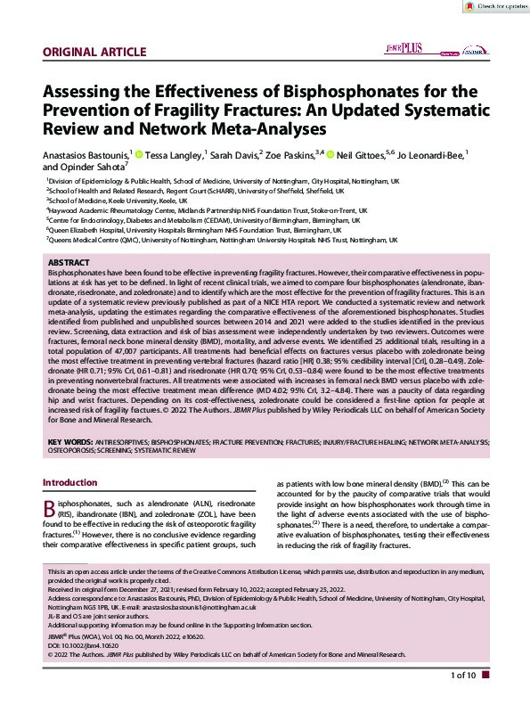Assessing the effectiveness of bisphosphonates for the prevention of fragility fractures: an updated systematic review and network meta‐analyses Thumbnail