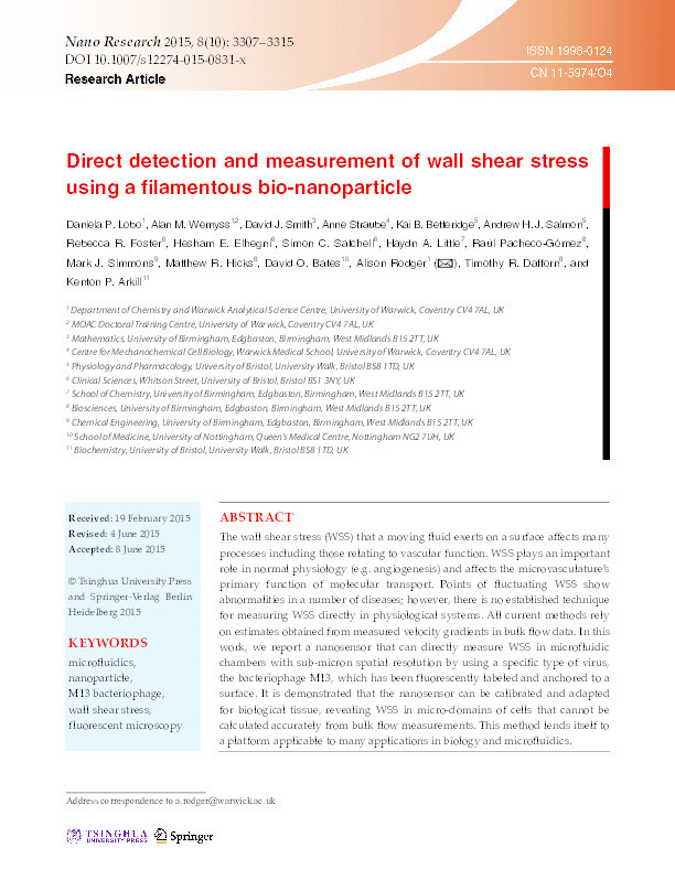 Direct detection and measurement of wall shear stress using a filamentous bio-nanoparticle Thumbnail
