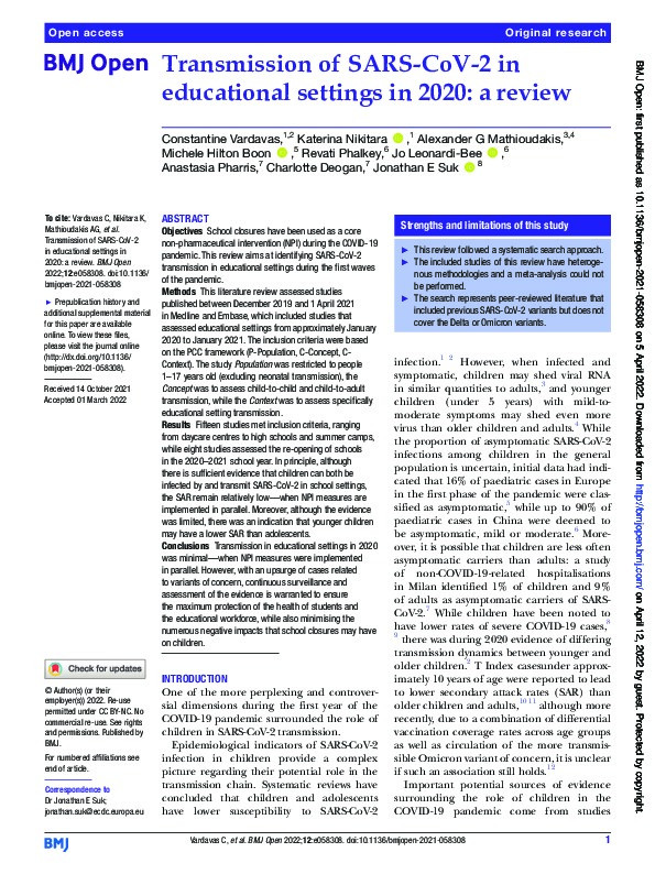 Transmission of SARS-CoV-2 in educational settings in 2020: a review Thumbnail