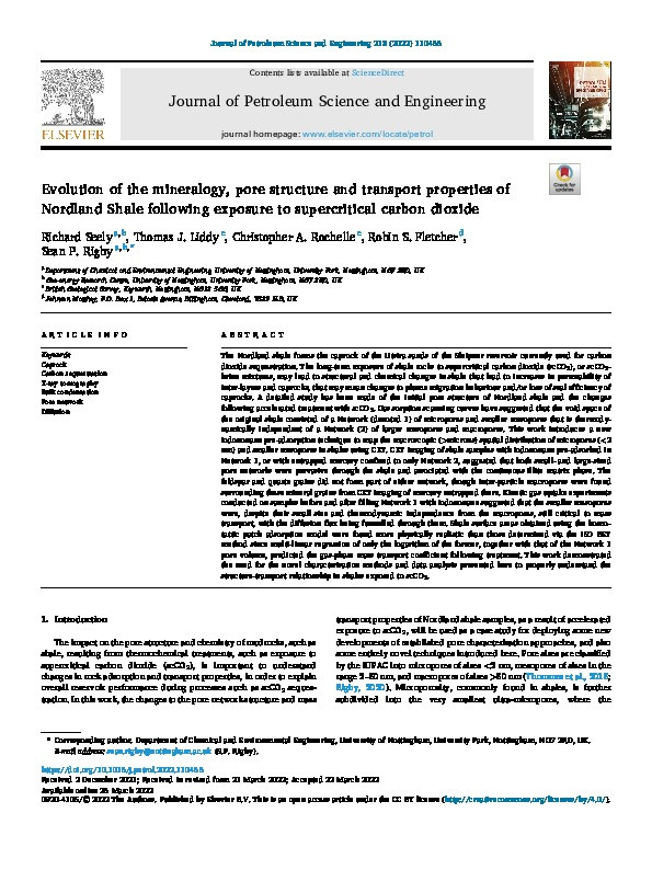 Evolution of the mineralogy, pore structure and transport properties of Nordland Shale following exposure to supercritical carbon dioxide Thumbnail