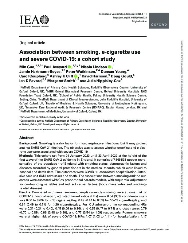 Association between smoking, e-cigarette use and severe COVID-19: A cohort study Thumbnail