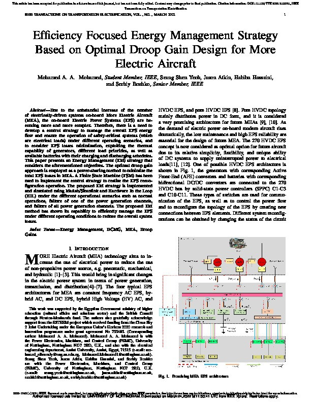 Efficiency Focused Energy Management Strategy Based on Optimal Droop Gain Design for More Electric Aircraft Thumbnail