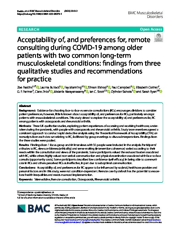 Acceptability of, and preferences for, remote consulting during COVID-19 among older patients with two common long-term musculoskeletal conditions: findings from three qualitative studies and recommendations for practice Thumbnail