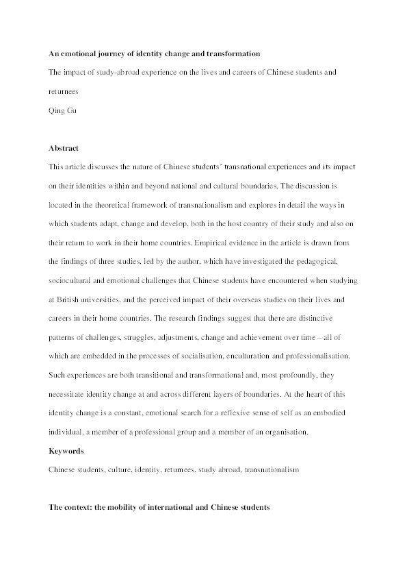 An emotional journey of identity change and transformation: The impact of study-abroad experience on the lives and careers of Chinese students and returnees Thumbnail