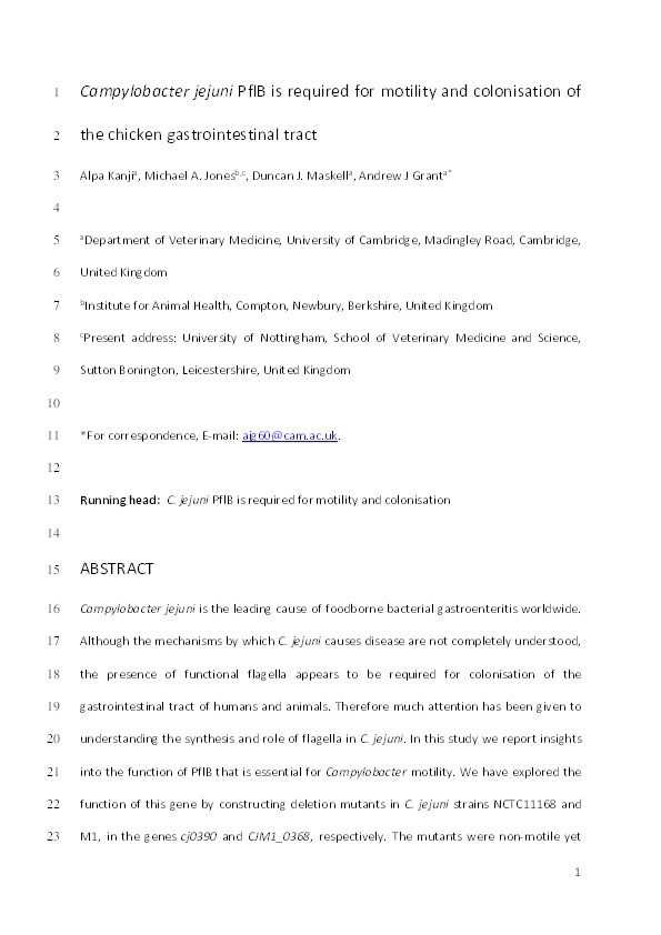 Campylobacter jejuni PflB is required for motility and colonisation of the chicken gastrointestinal tract Thumbnail