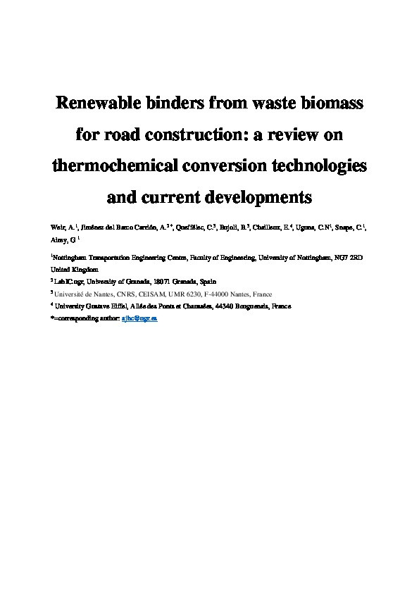 Renewable binders from waste biomass for road construction: A review on thermochemical conversion technologies and current developments Thumbnail