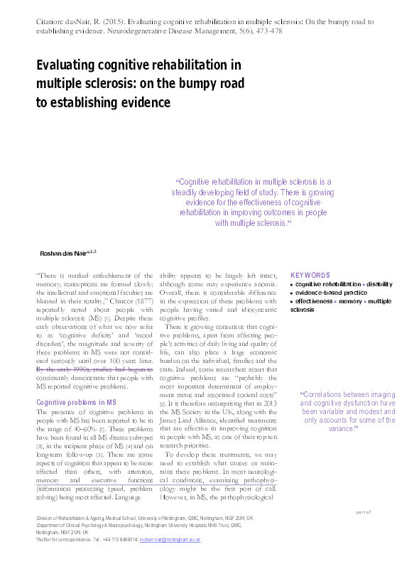 Evaluating cognitive rehabilitation in multiple sclerosis: on the bumpy road to establishing evidence Thumbnail