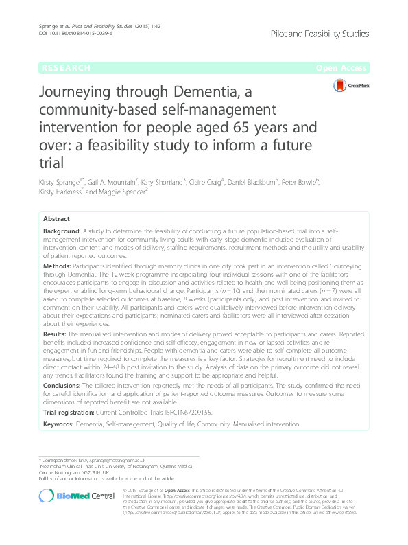Journeying through Dementia, a community-based self-management intervention for people aged 65 years and over: a feasibility study to inform a future trial Thumbnail
