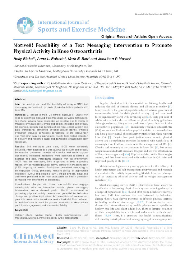 Motive8!: feasibility of a text messaging intervention to promote physical activity in knee osteoarthritis Thumbnail