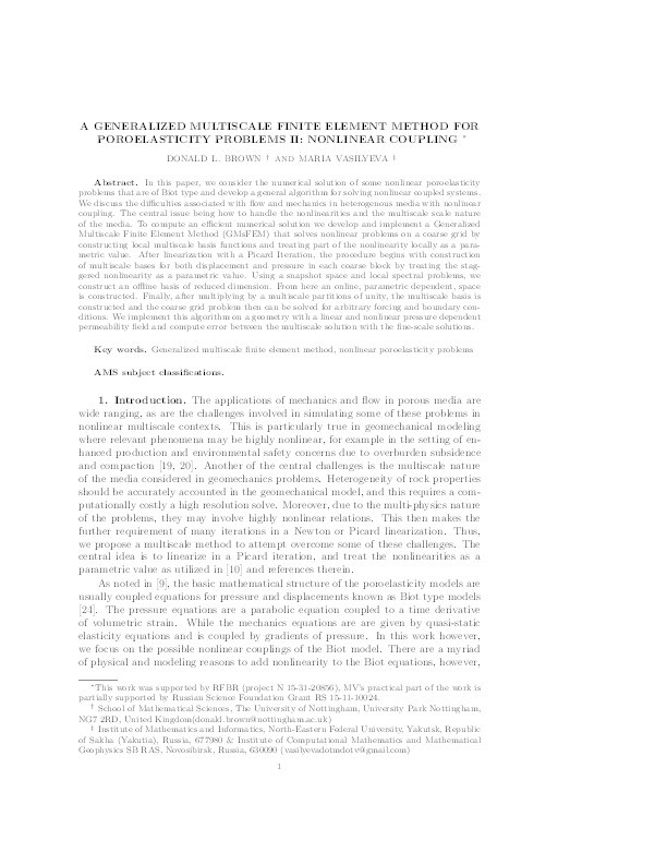 A Generalized Multiscale Finite Element Method for poroelasticity problems II: nonlinear coupling Thumbnail