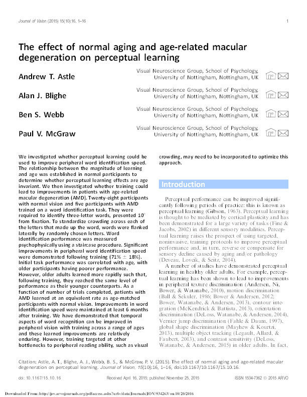 The effect of normal aging and age-related macular degeneration on perceptual learning Thumbnail
