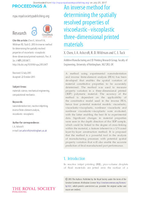An inverse method for determining the spatially resolved properties of viscoelastic–viscoplastic three-dimensional printed materials Thumbnail