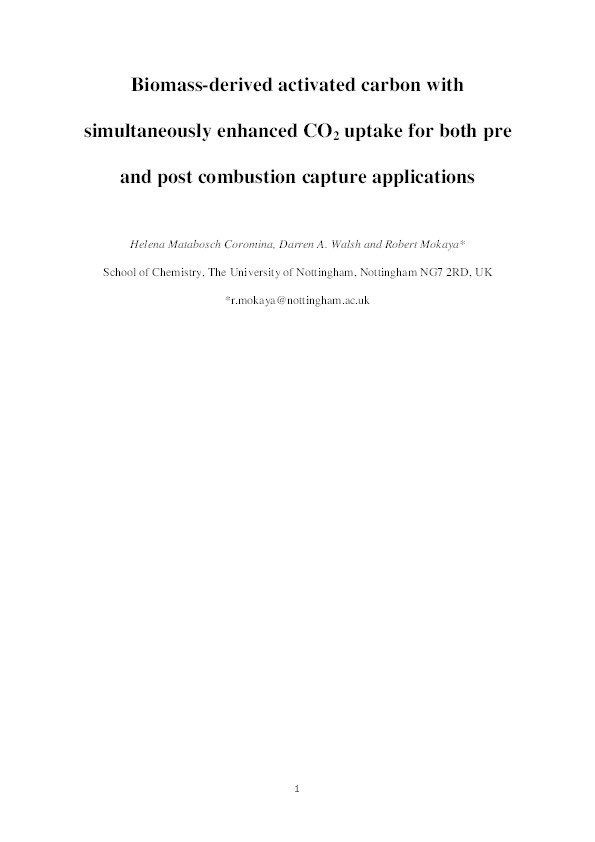 Biomass-derived activated carbon with simultaneously enhanced CO2 uptake for both pre and post combustion capture applications Thumbnail