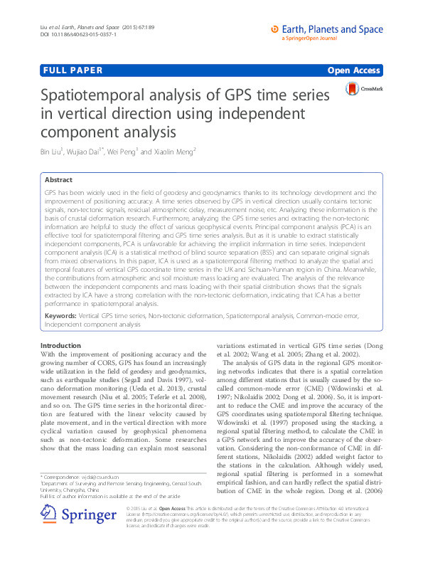 Spatiotemporal analysis of GPS time series in vertical direction using independent component analysis Thumbnail