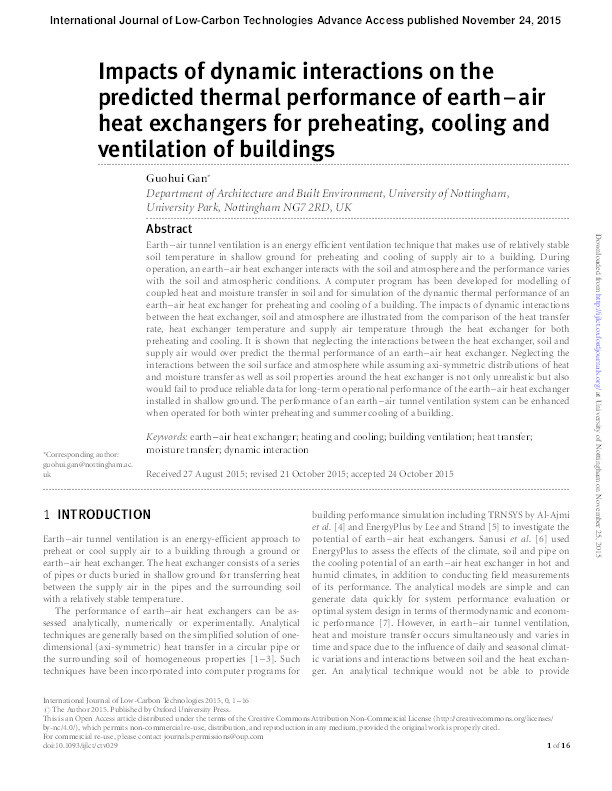 Impacts of dynamic interactions on the predicted thermal performance of earth–air heat exchangers for preheating, cooling and ventilation of buildings Thumbnail