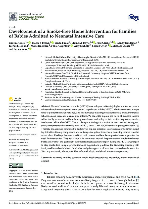 Development of a Smoke-Free Home Intervention for Families of Babies Admitted to Neonatal Intensive Care Thumbnail