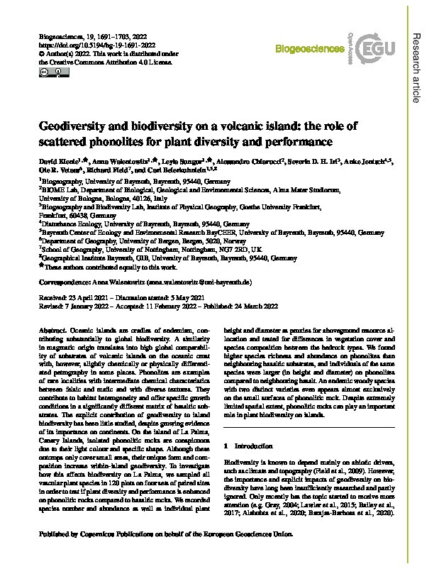 Geodiversity and biodiversity on a volcanic island: The role of scattered phonolites for plant diversity and performance Thumbnail