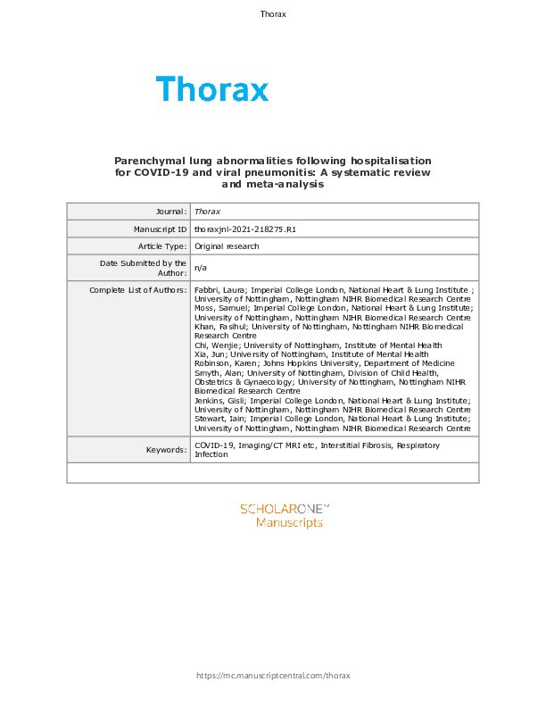 Parenchymal lung abnormalities following hospitalisation for COVID-19 and viral pneumonitis: a systematic review and meta-analysis Thumbnail