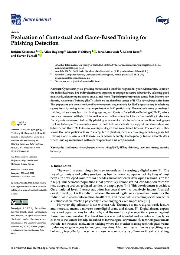 Evaluation of Contextual and Game-Based Training for Phishing Detection Thumbnail