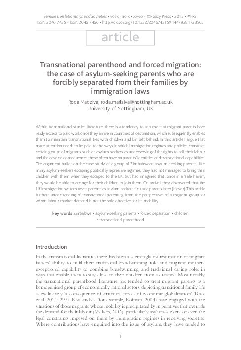 Transnational parenthood and forced migration: the case of asylum-seeking parents who are forcibly separated from their families by immigration laws Thumbnail