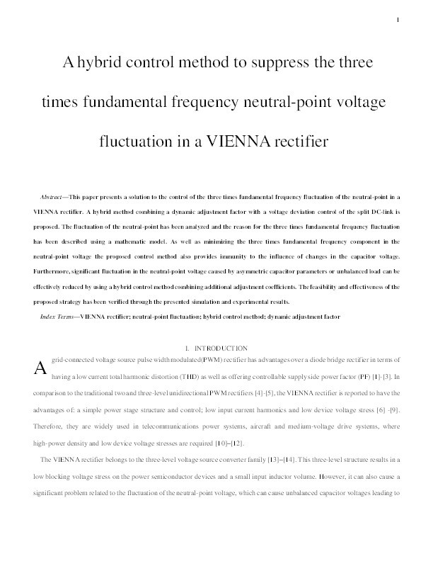 A hybrid control method to suppress the three time fundamental frequency neutral-point voltage fluctuation in a VIENNA rectifier Thumbnail
