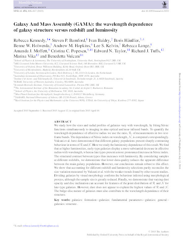 Galaxy And Mass Assembly (GAMA): the wavelength dependence of galaxy structure versus redshift and luminosity Thumbnail