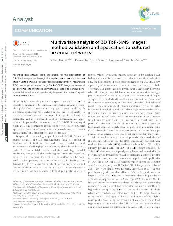 Multivariate analysis of 3D ToF-SIMS images: method validation and application to cultured neuronal networks Thumbnail