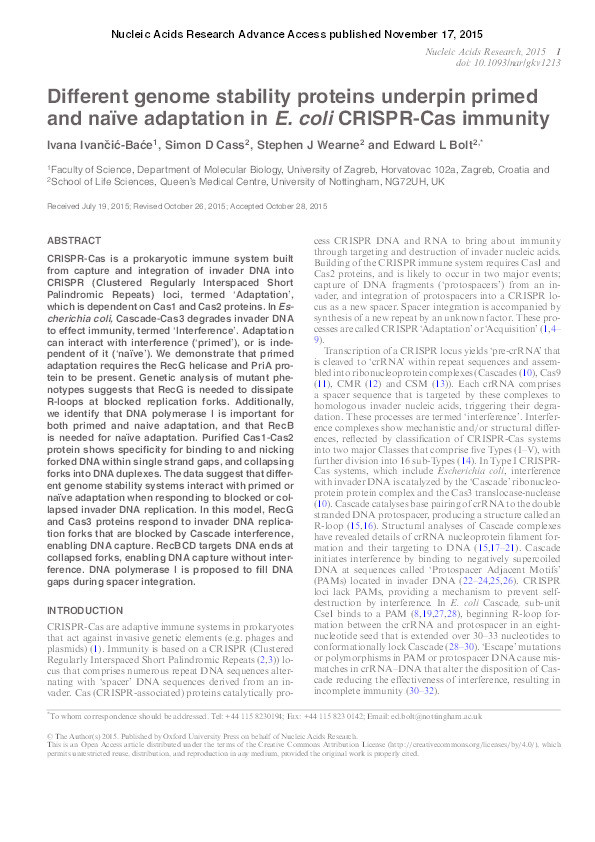 Different genome stability proteins underpin primed and naïve adaptation in E. coli CRISPR-Cas immunity Thumbnail