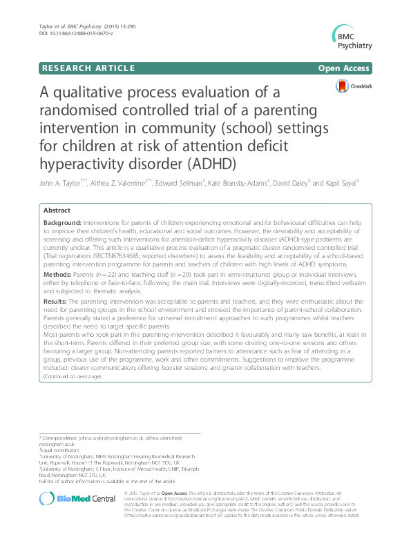 A qualitative process evaluation of a randomised controlled trial of a parenting intervention in community (school) settings for children at risk of attention deficit hyperactivity disorder (ADHD) Thumbnail