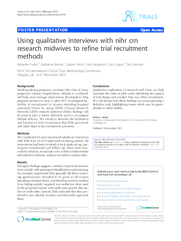Using qualitative interviews with nihr crn research midwives to refine trial recruitment methods Thumbnail